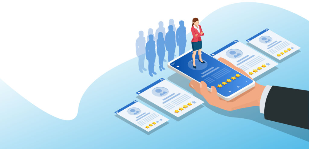 Person standing on mobile device platform selecting career path, guided by predictive data and performance profiles