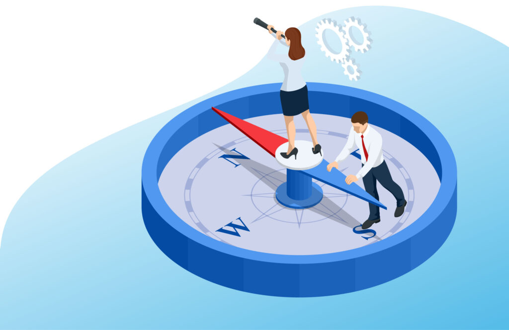 Two people adjusting a compass needle to find career direction—symbolizing predictive career assessment with CareerChoiceGPS™